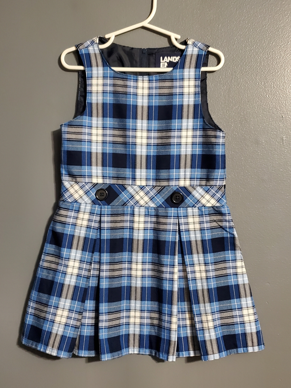 LANDS' END Girls' Blue Plaid Jumper Dress Size 4